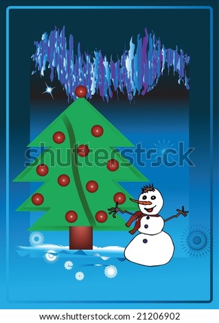 Christmas fur-tree and snowman.Vector illustration