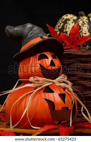 funny halloween pumpkin with autumn decoration on dark background