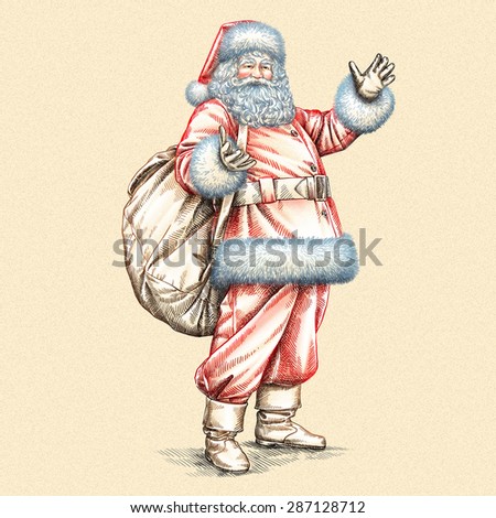 color engrave isolated Santa Claus carrying big bag full of gifts color engrave isolated Santa Claus carrying big bag full of gifts