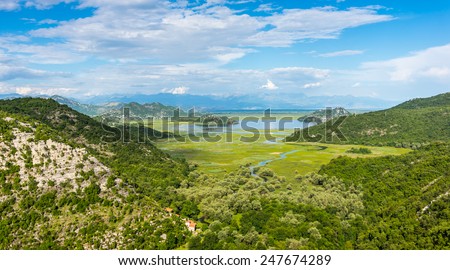 The big Skadar lake on the Balkans with wonderful landscape. This section of the lake overgrown with tall grass. In the lake very good fishing.