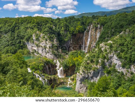 Landscape with cascading waterfalls. Big waterfall. Korana. Plitvice Lakes, Croatia.