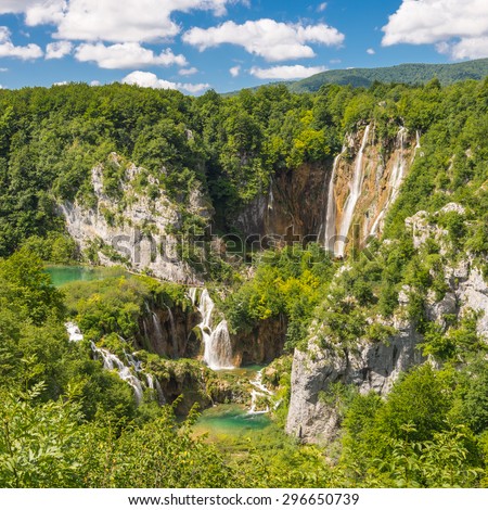 Landscape with cascading waterfalls. Big waterfall. Square frame. Korana. Plitvice Lakes, Croatia.