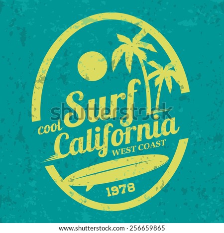 Vector illustration on the theme of surfing in California. west coast, print, vintage illustration, emblem, vector, palm trees, surfer