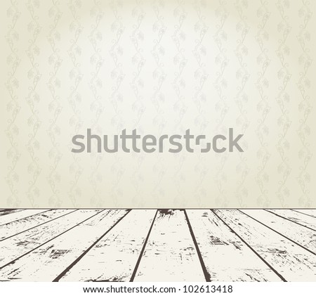 Vintage interior with floral wallpaper and grunge wooden plank