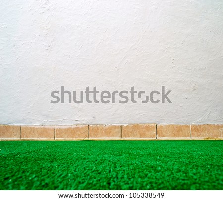 Interior with decorative stucco wall and green floor