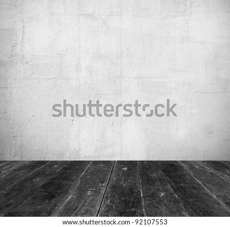 Vintage Interior, Grunge Background Of Old Room From White Stone Wall And Black Wooden Floor