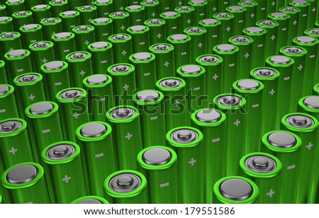 Rows of green alkaline batteries (AA)