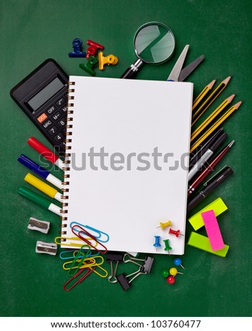 close up of various school items