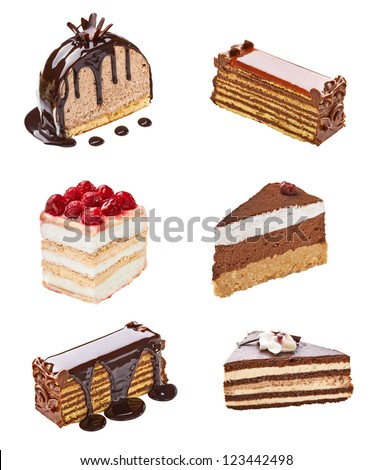 collection of  various cakes on white background. each one is shot separately