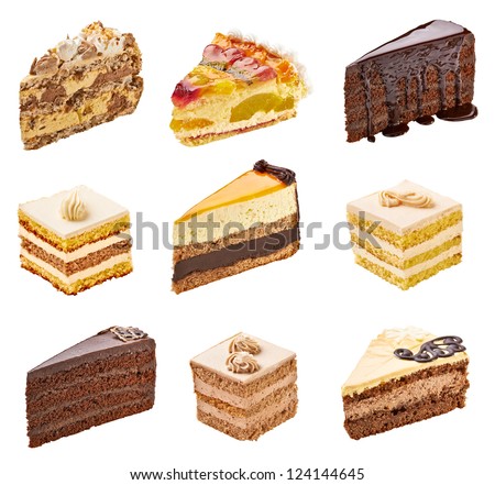 collection of  various cakes on white background. each one is shot separately