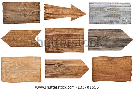 collection of various  empty wooden sign on white background. each one is shot separately