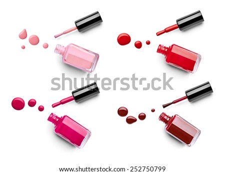 collection of various nail polish bottle and drop on white background. each one is shotseparately