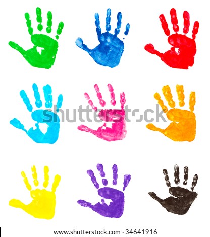 stock photo : collection of colorful child hand prints  on white background . each one is in camera full resolution