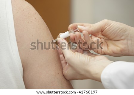 close up vaccine injection and arms in hospital