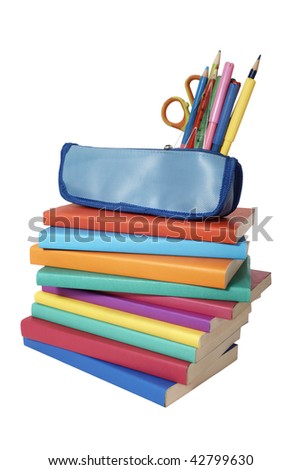 close up of stack of colorful books and pencil case on white background, with clipping path included