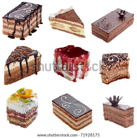 collection of various cakes on white background, each one is shot separately