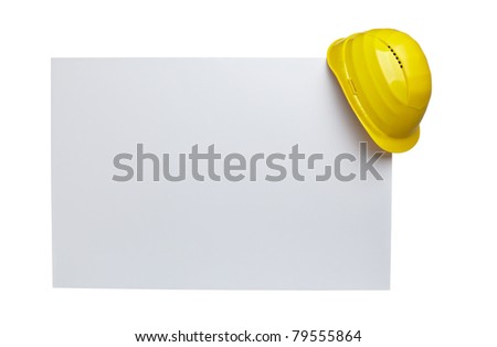 close up of  a yellow construction helmet on white blank note white background with clipping path