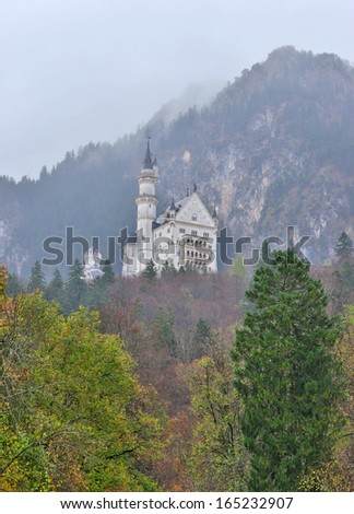 Neuschwanstein castle in Germany. View with mountains. Raining frog mood.