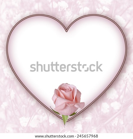 Pink Rose and Light Pink Colorized Baby\'s Breath Heart with Copy Space. A pink rose anchors a heart shaped copy space with light pink background of colorized baby\'s breath.