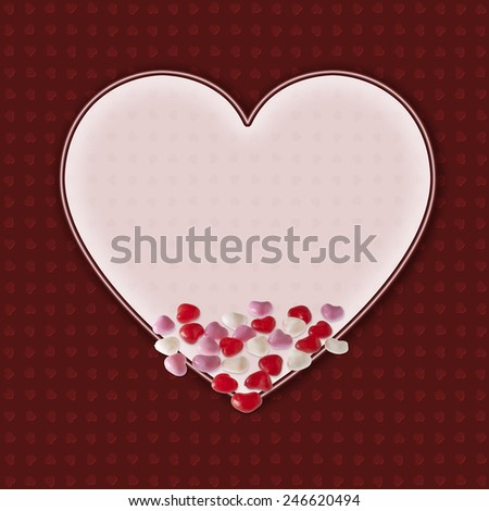 Candy hearts overlap heart shaped copy space with dark red heart pattern background. Candy hearts overlap heart shaped copy space with dark red heart pattern background.