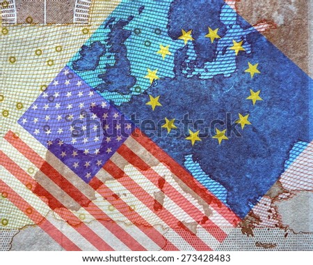 TTIP - American and European flag in front of a map of Europe.