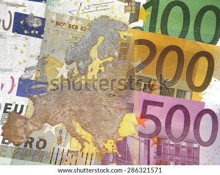 Monetary Union Europe -
Map of Europe (partially translucent) before euro banknotes