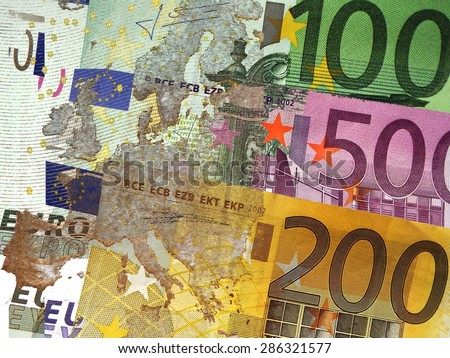Monetary Union Europe -\
Map of Europe (partially translucent) before euro banknotes