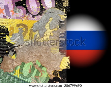 Conflict Europe - Russia -  A map of Europe on euro notes in front of a black background, right next to it - in the East- in a white spotlight the Russian flag