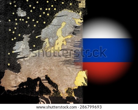 Conflict Europe - Russia - A map of Europe against a black background, to the right - in the East- in a white spotlight the Russian flag