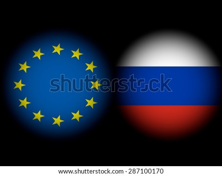 Conflict Europe - Russia - Each as a round spotlight the European flag and the flag of Russia