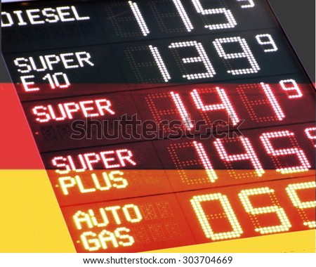Petrol prices in Germany The German flag is overlaid by a transparent scoreboard for gasoline prices,