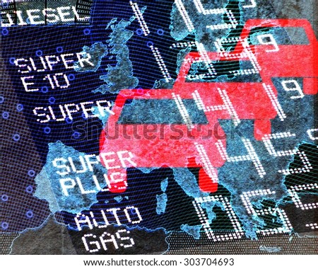 Petrol prices in Europe The map of Europe is overlaid by a translucent fuel price display panel, front red car symbols