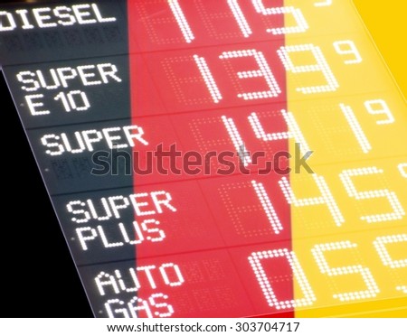 Petrol prices in Germany The German flag is overlaid by a transparent scoreboard for gasoline prices,