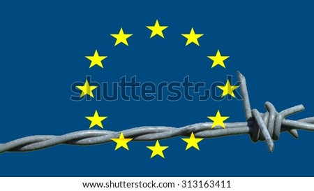 Refugee drama: Fortress Europe\
On the European flag is a piece of barbed wire in the lower part.