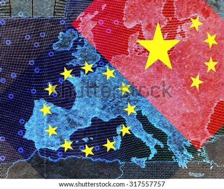 Europe and China â??
The map of Europe is shining through the transverse flags of Europe and China. 
Europe and China â??
The map of Europe is shining through the transverse flags of Europe and China.