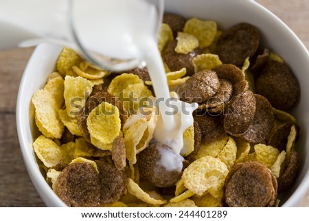 A bowl of cereal corn flakes with milk for healthy breakfast.