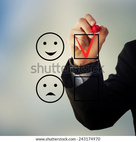 Business and advertisement concept. Close up of businessman checking happy face box