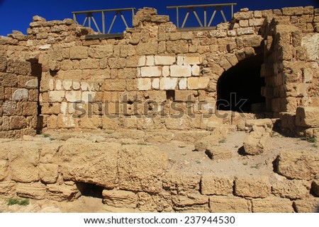 Warehouse Ruins in Caesarea Maritima National Park, a city and harbor built by Herod the Great about 25-13 BC. The archaeological ruins are on the Mediterranean coast of Israel.