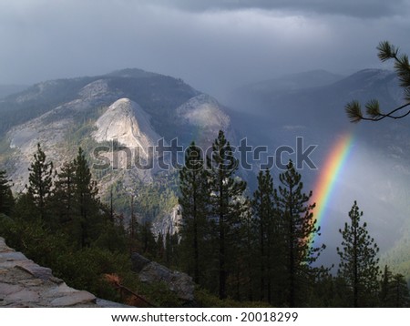 A rainbow in the fog in Yosemite National Park, California.