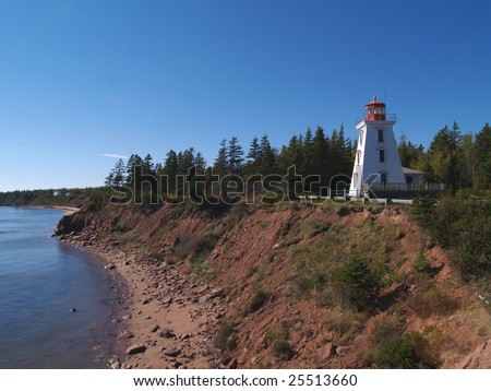 Red and white lighthouse on Prince Edward Island, Canada.