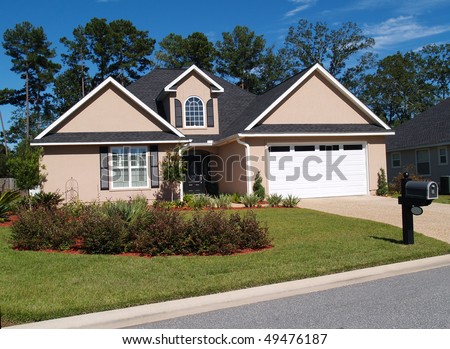 One story residential home with board or vinyl siding and front entry garage.