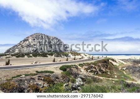 New parking & ADA access at Majestic Morro Rock over looking the Pacific Ocean, next to Morro Strand state beach, on the California Central Coast, near Cambria, CA.