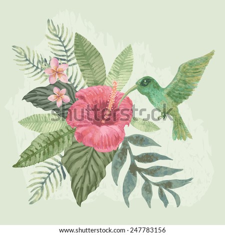 Vector floral watercolor background. Exotic small bird,  tropical  hibiscus and plumeria flowers and fantasy foliage at the light green background