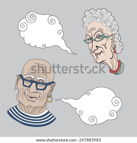 Vector sketchy cartoon people with speech bubbles . Old lady and old man in sea singlet