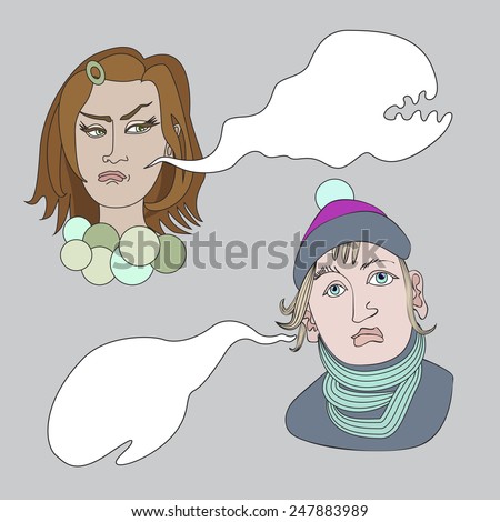 Vector sketchy cartoon people with speech bubbles . Sad boy and girl