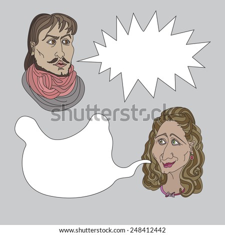 Vector sketchy cartoon people with speech bubbles . Woman and young man