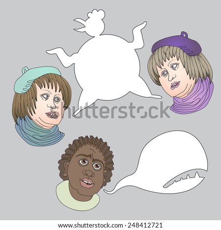 Vector sketchy cartoon people with speech bubbles . Two woman and boy