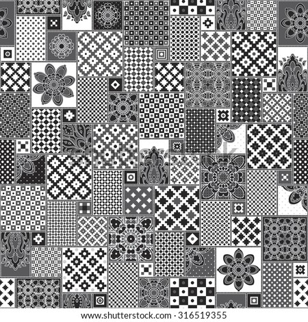 Abstract seamless patchwork pattern from black, white,light and dark grey Moroccan ornaments, round and square oriental rosette from stylized flowers and leaves. Geometrical decorative textile print