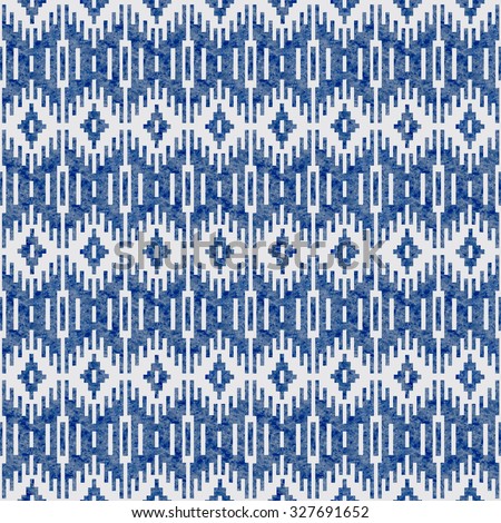 Geometrical abstract seamless pattern from decorative ethnic ornament elements with dark blue watercolor paint texture on a light grey background. Textile print. Batik painting