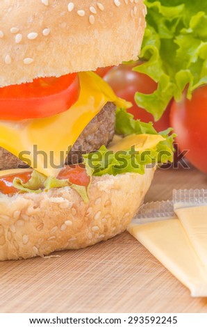 Tasty cheeseburger with lettuce, beef, double cheese and ketchup. Macro with shallow focus.